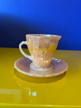 Fire King Peach Lustre pouring cup and plate in Swirl Pattern